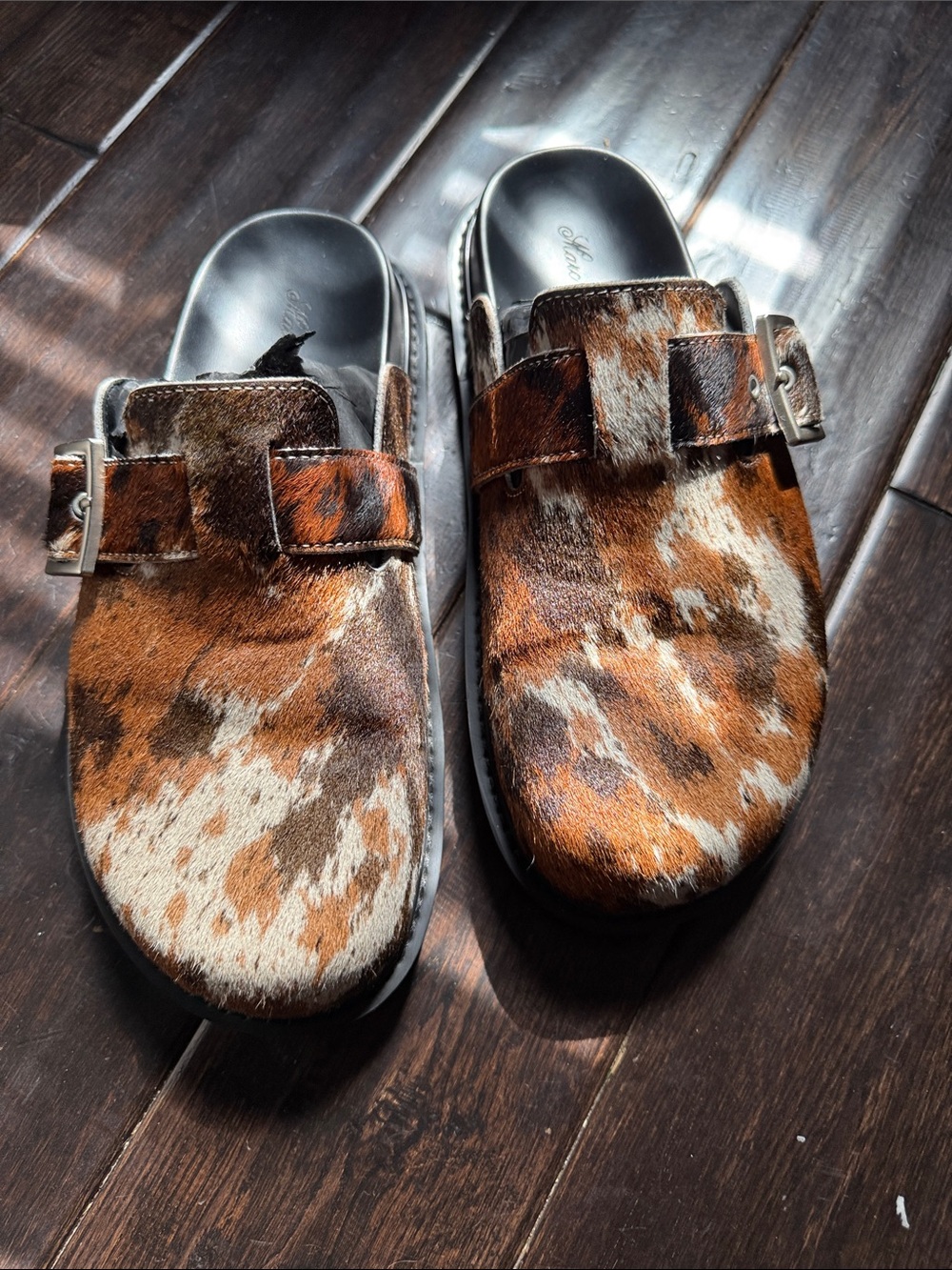 Marc Nolan Calf Hair Slip-On Clog in Brown Cowhide Print, Sz. 9